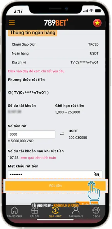 Người chơi nhập số tiền VND - hệ thống sẽ tự quy đổi ra USDT theo tỉ giá thực tại thời điểm làm lệnh rút